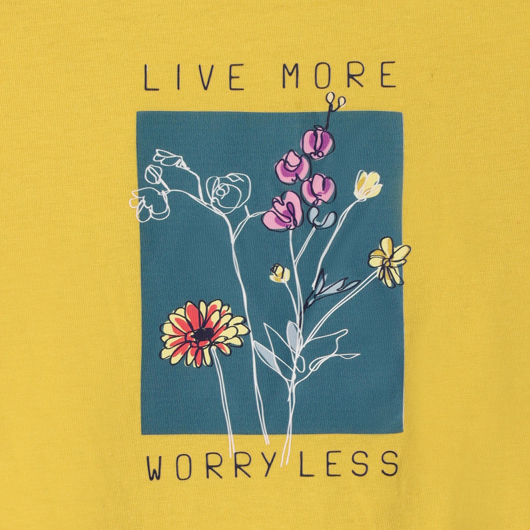 “Live More Worry Less” floral print close-up