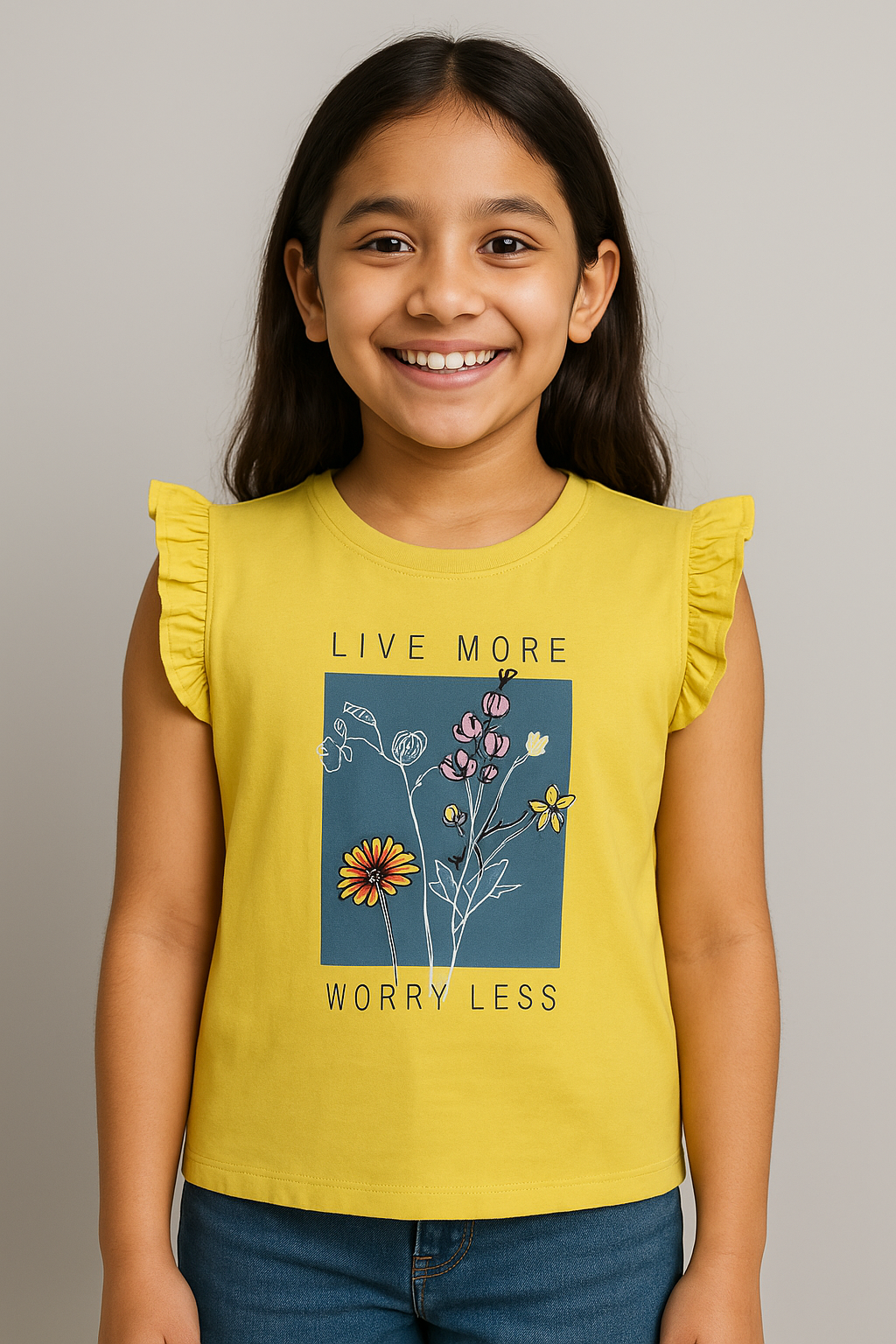 Girl wearing yellow ruffle sleeve tank with floral print