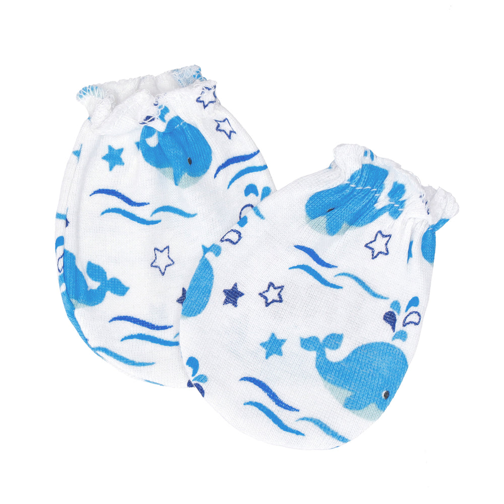 FS-465 Blue Whale and Navy cotton baby mittens set – Featherhead