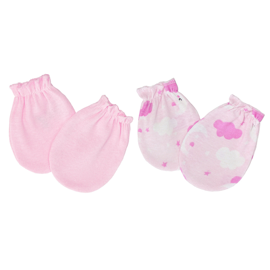 FS-466 2PK baby cotton mittens – cloud moon print and baby pink by Featherhead