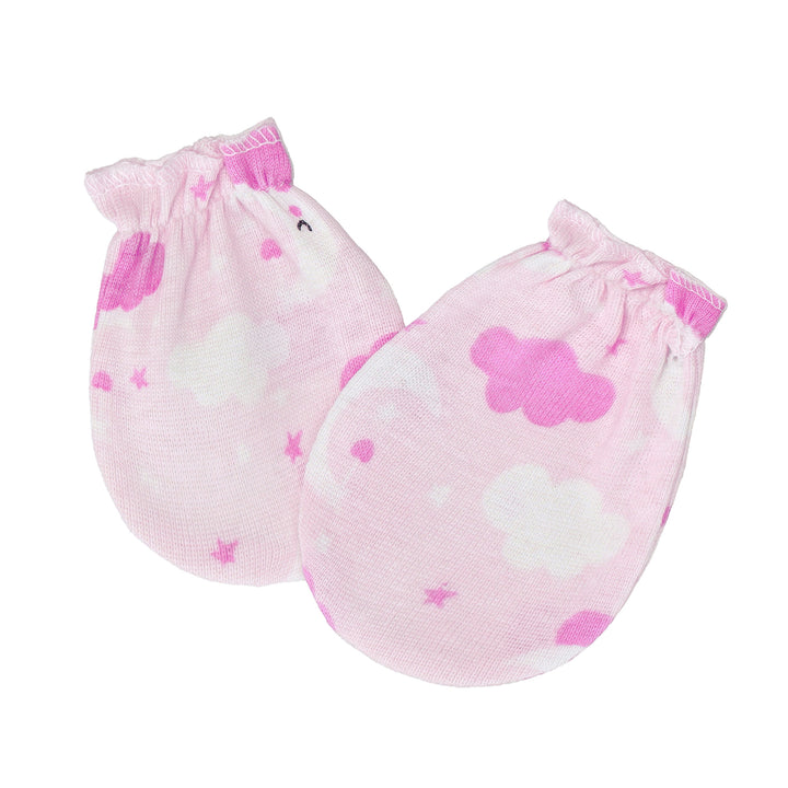 FS-466 white baby mitten with pink cloud and moon print – Featherhead