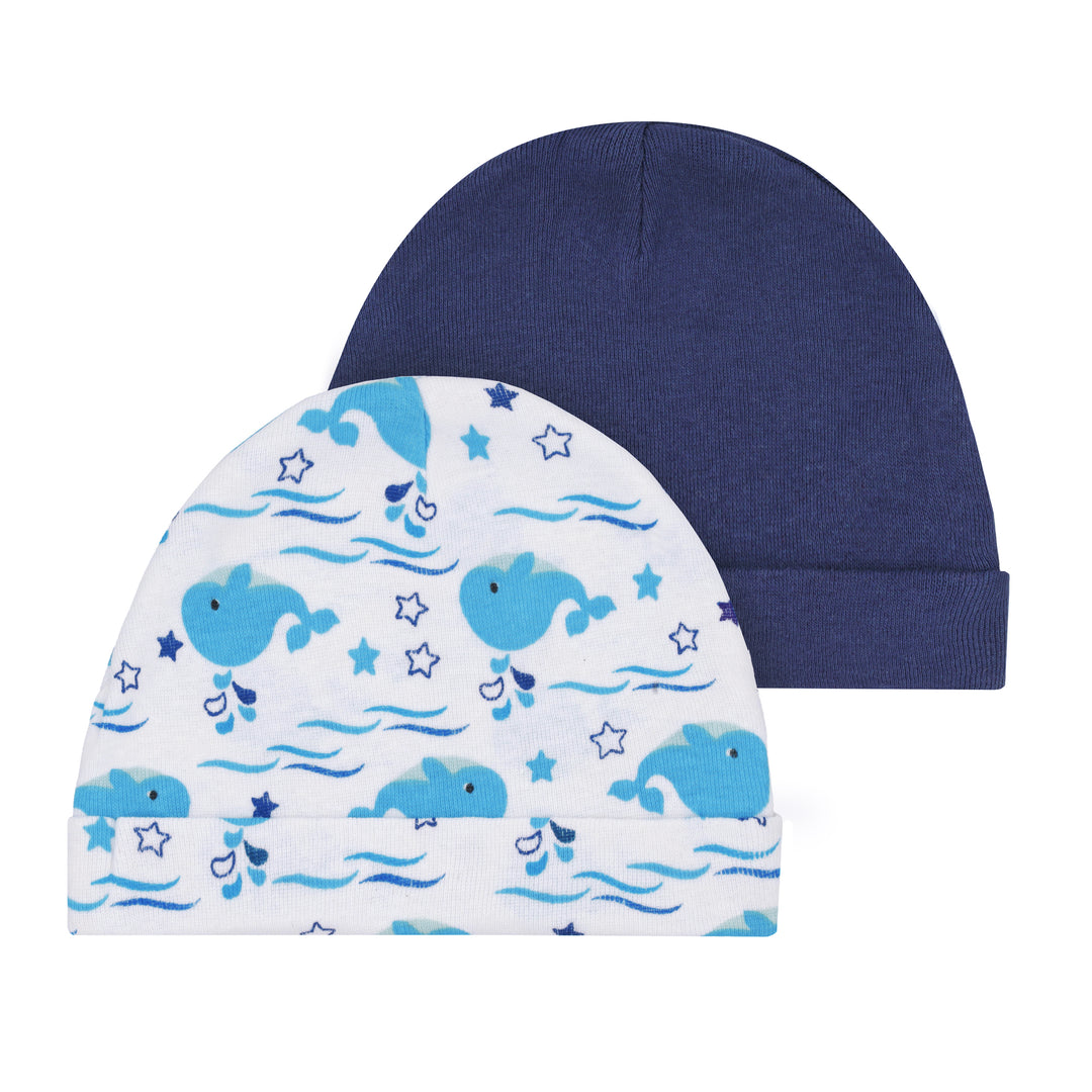 FS-483 2PK baby cotton caps – Blue Whale and Navy – Featherhead