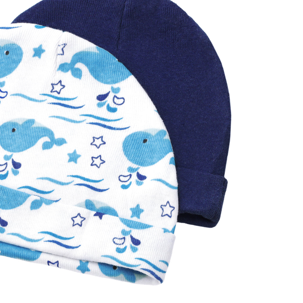 FS-483 side view of Blue Whale and Navy baby caps – Featherhead