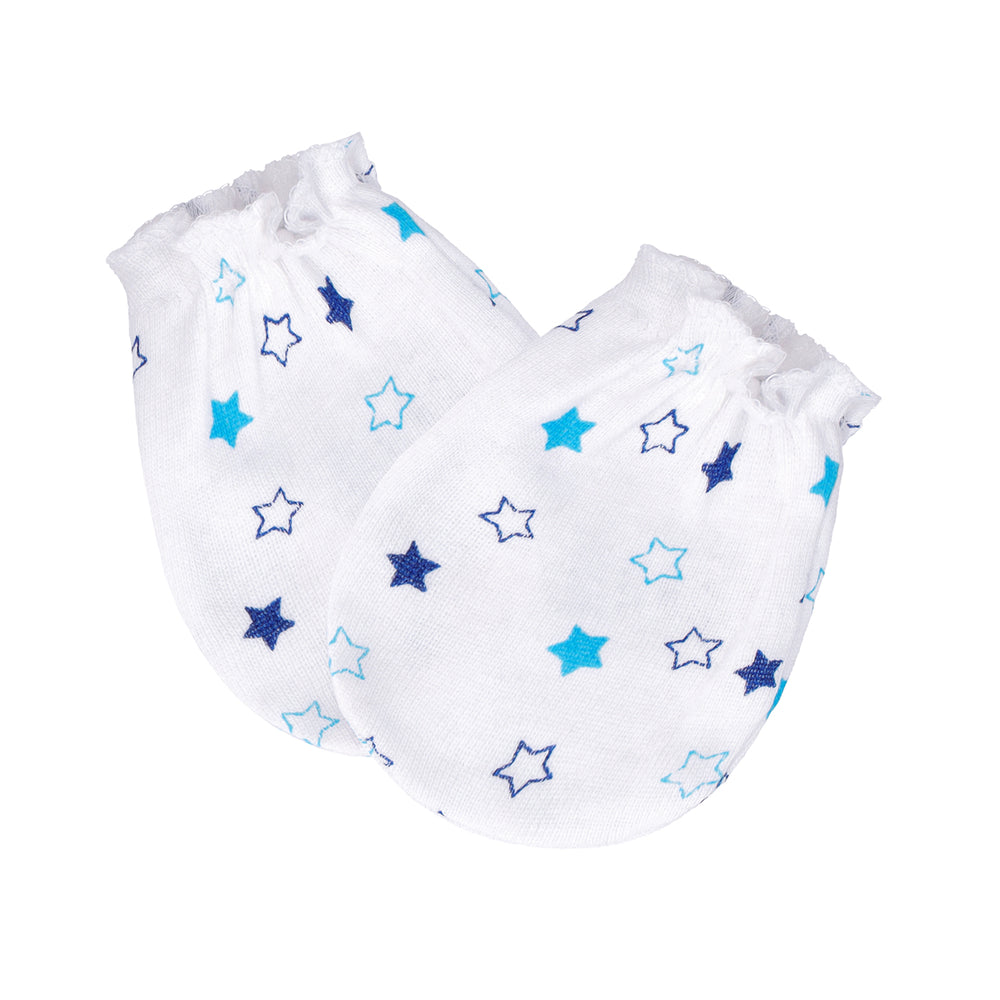 FS-484 baby mitten with blue stars print – soft cotton by Featherhead