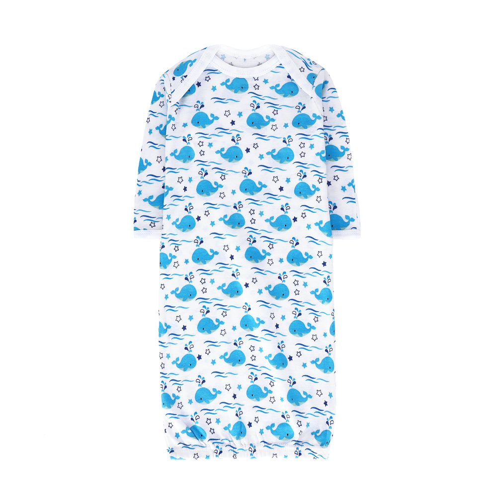 FS-486 baby gown set flat lay – Blue Whale and solid Sky Blue cotton gowns