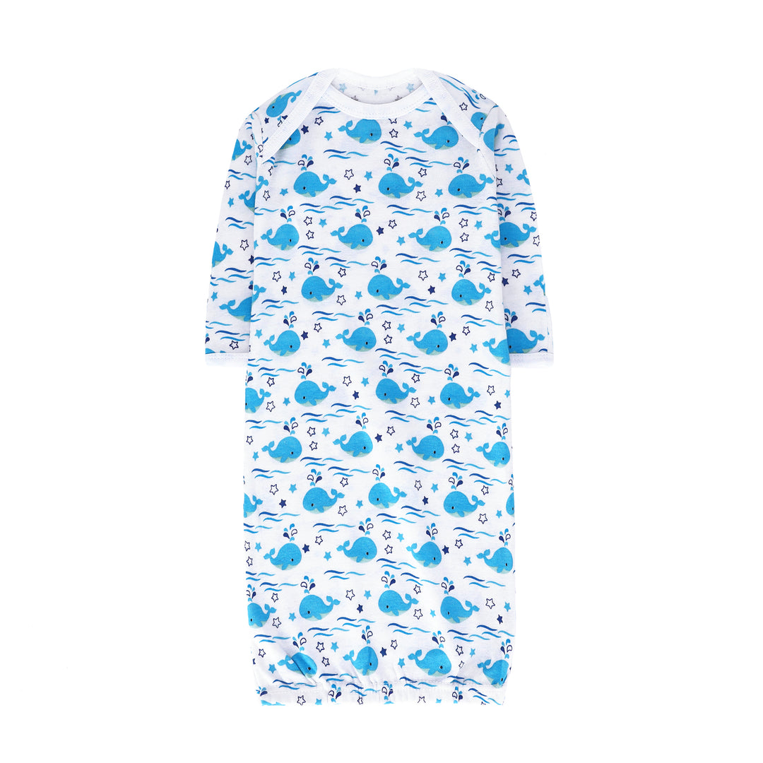 FS-486 baby gown set flat lay – Blue Whale and solid Sky Blue cotton gowns