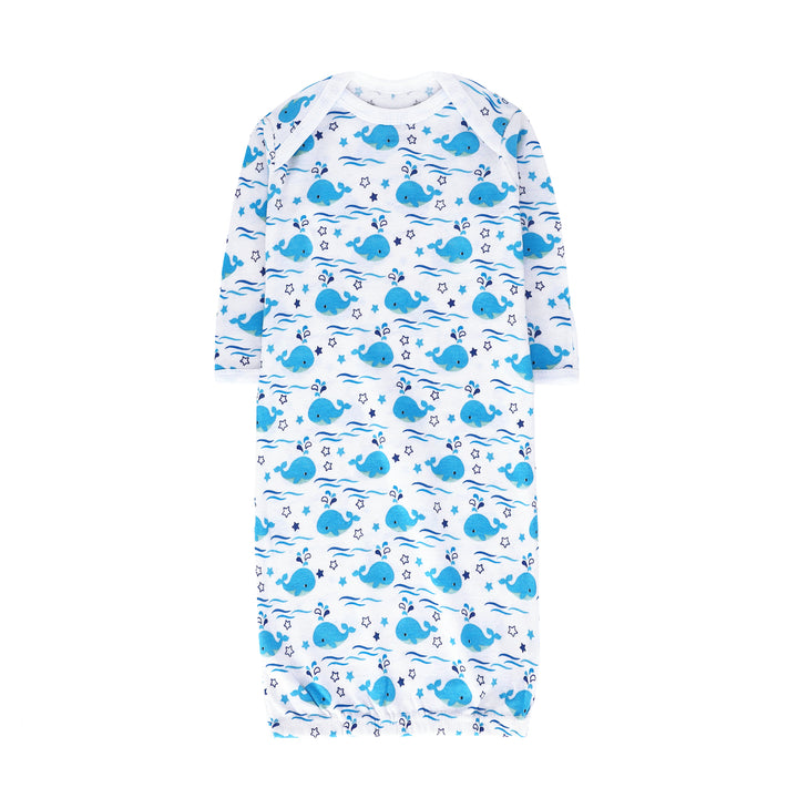 FS-486 baby gown set flat lay – Blue Whale and solid Sky Blue cotton gowns
