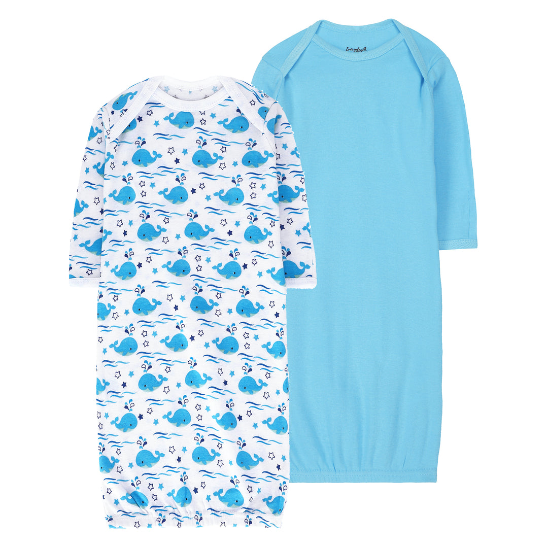 FS-486 2PK baby gown set – Blue Whale print and Sky Blue – Featherhead