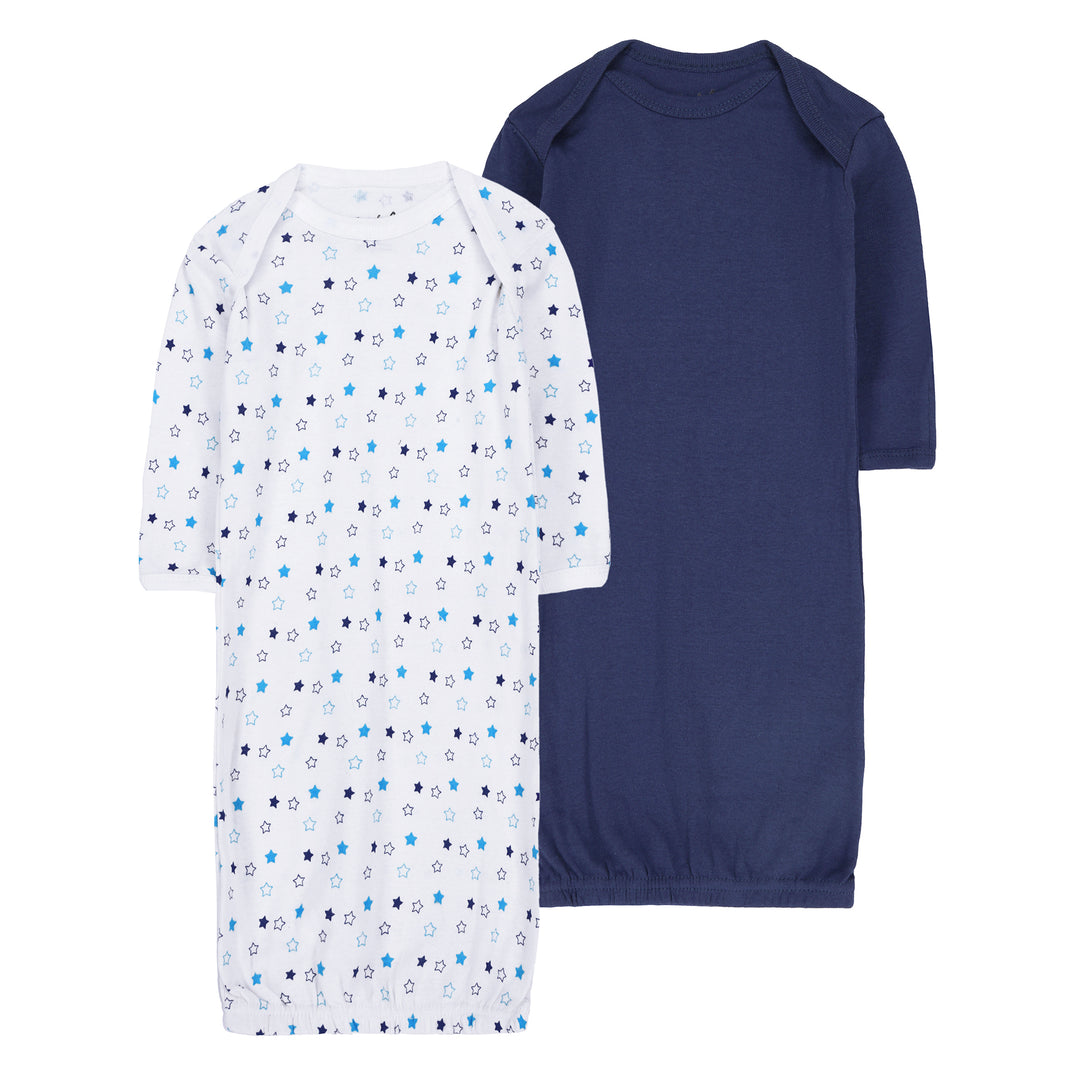 FS-487 2PK cotton baby gowns – blue stars and navy – Featherhead