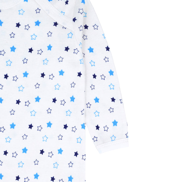FS-487 closeup of blue stars printed baby gown – Featherhead