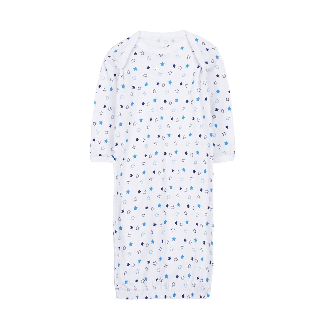 FS-487 baby gown set flatlay – stars and navy – Featherhead