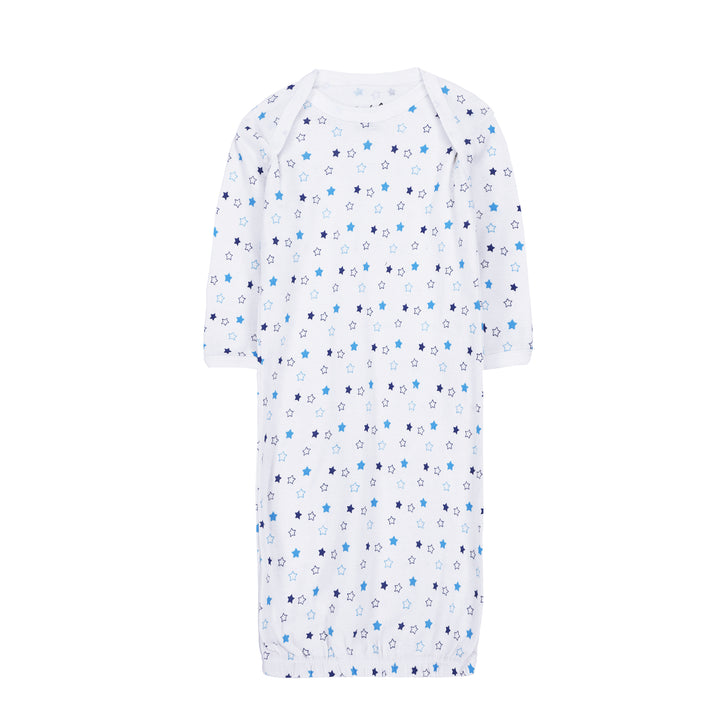 FS-487 baby gown set flatlay – stars and navy – Featherhead