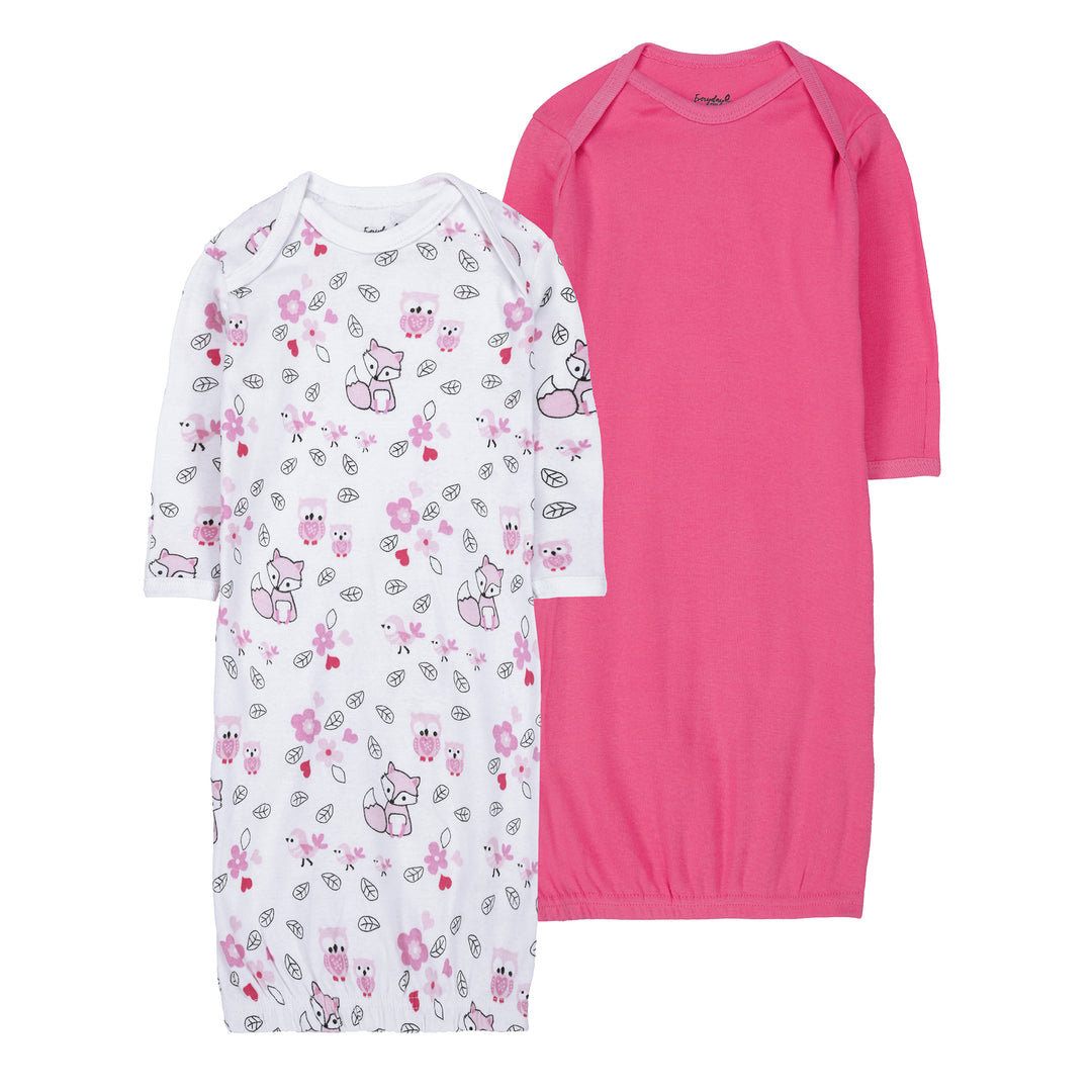 FS-489 2PK baby cotton gowns – fox floral print and fuchsia pink by Featherhead