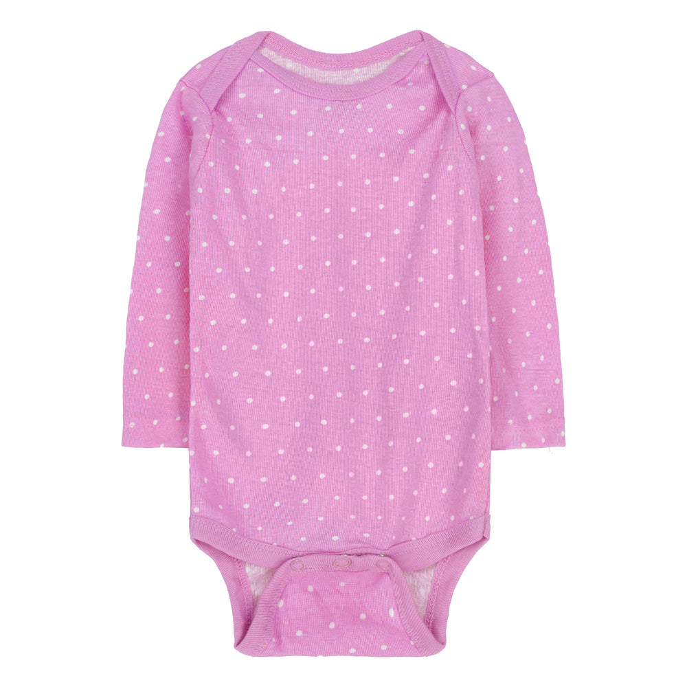 FS-492 flat lay of two long-sleeve cotton bodysuits for baby girls
