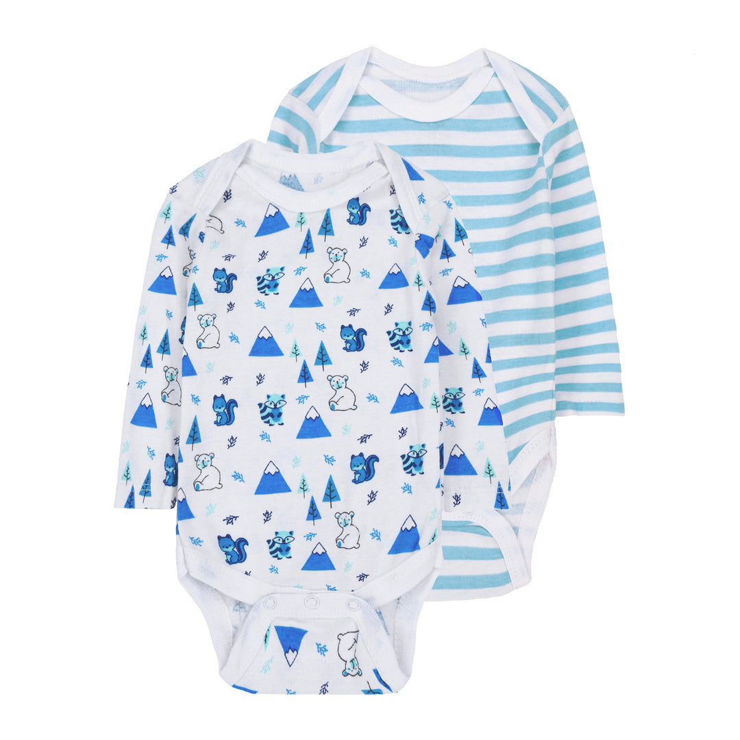 FS-494 2PK baby cotton bodysuits – blue mountains and stripes by Featherhead