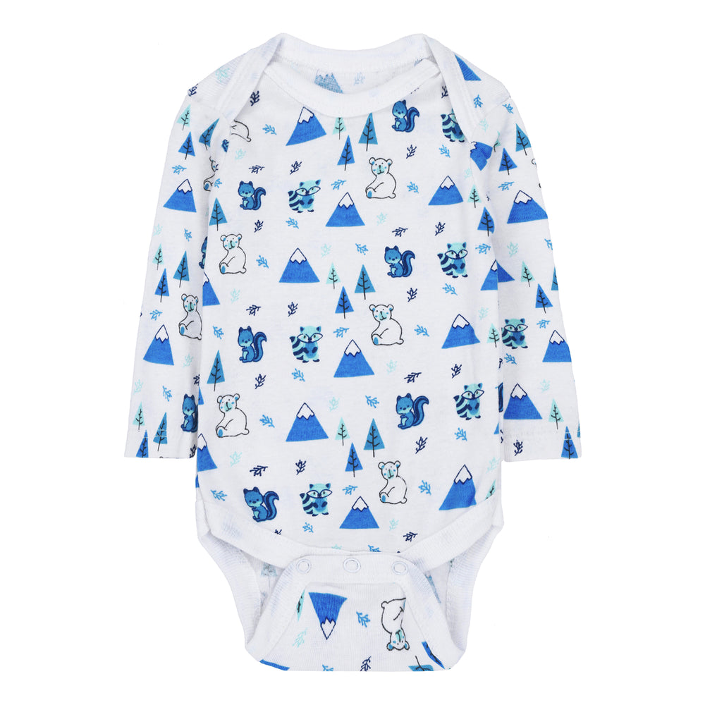 FS-494 baby bodysuit with blue mountain print – long sleeve cotton by Featherhead