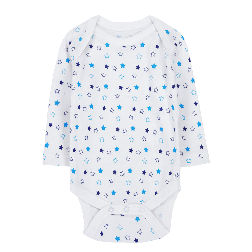 FS-495 long sleeve baby bodysuit with blue stars – Featherhead cotton