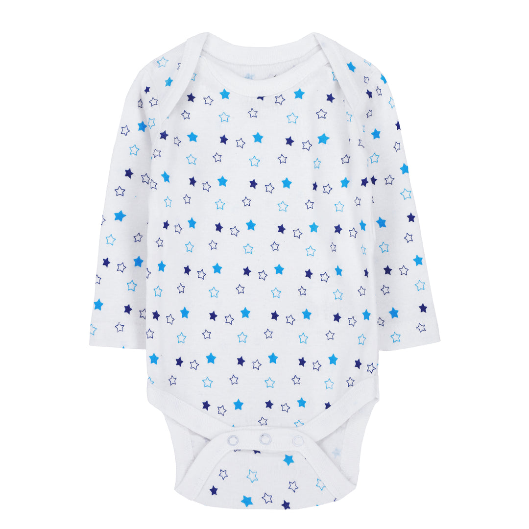 FS-495 long sleeve baby bodysuit with blue stars – Featherhead cotton