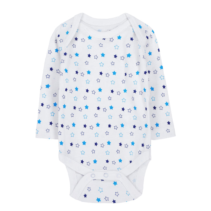 FS-495 long sleeve baby bodysuit with blue stars – Featherhead cotton