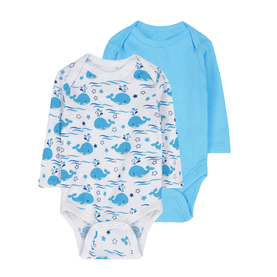FS-496 2PK cotton baby bodysuits – whale print and sky blue by Featherhead