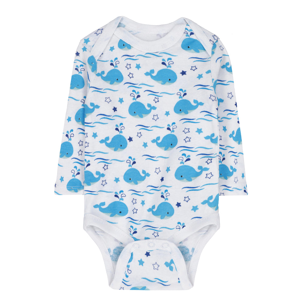 FS-496 baby bodysuit with blue whale print – long sleeve cotton by Featherhead