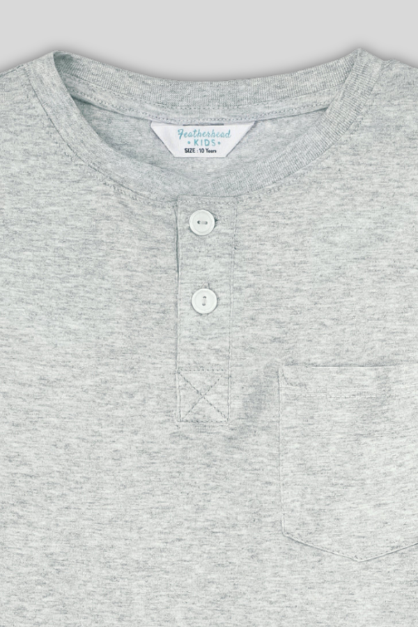 Close-up of ribbed neckline and button placket of Henley shirt - Featherhead FB-3772