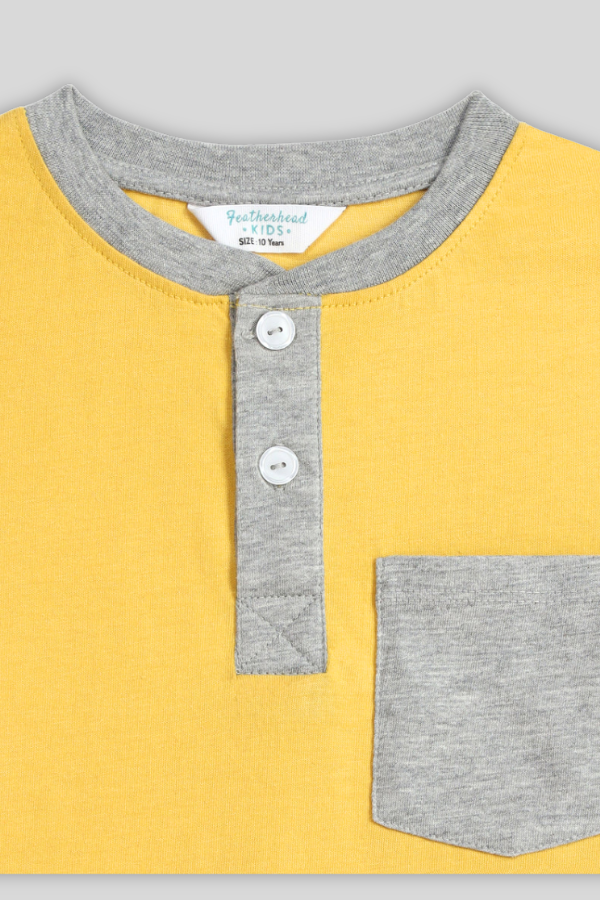 Closeup of Henley shirt button placket and neckline