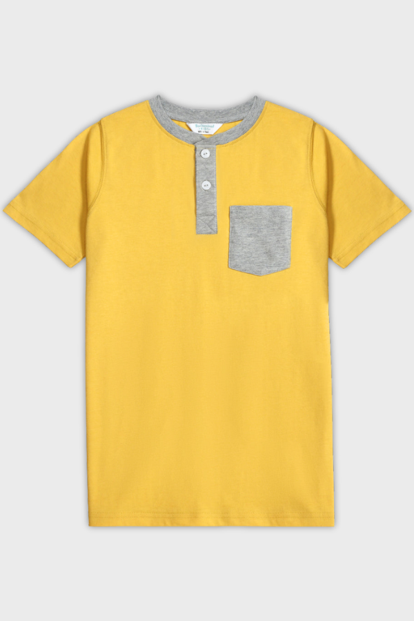 Front view of yellow Henley shirt with contrast pocket
