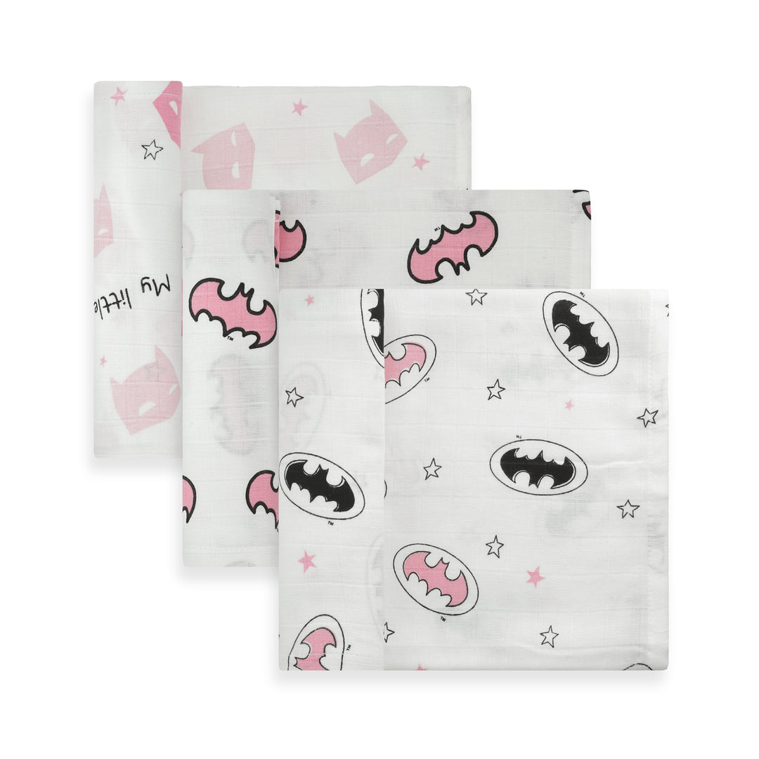 3-pack baby swaddle blankets with pink Batman-themed prints, neatly folded