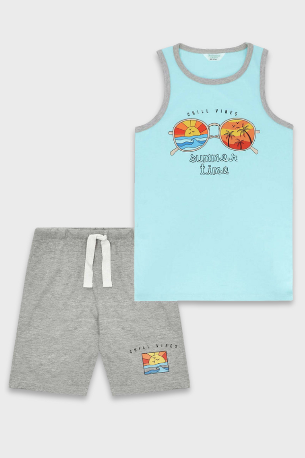 2-piece kids tank top and shorts set in aqua and grey