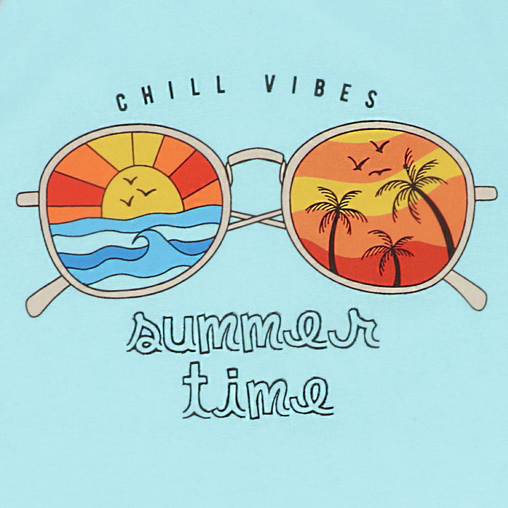 Close-up of beach sunset and “CHILL VIBES SUMMER FUN” text