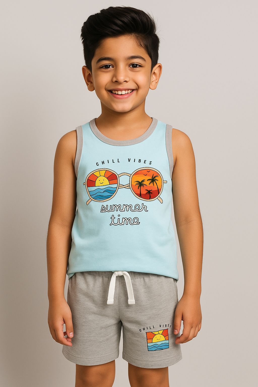Boy wearing aqua tank top and grey shorts with beach graphic