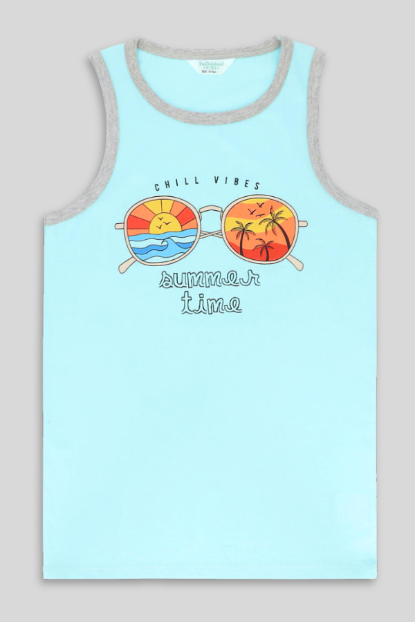 Aqua tank top with “Chill Vibes” beach print