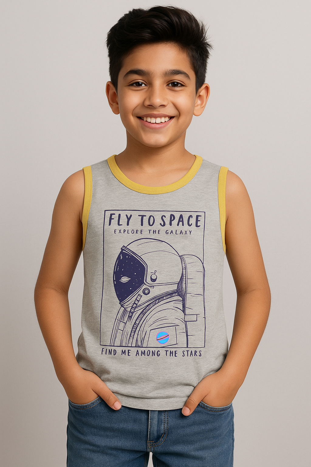 Boy wearing sleeveless tank top with space graphic