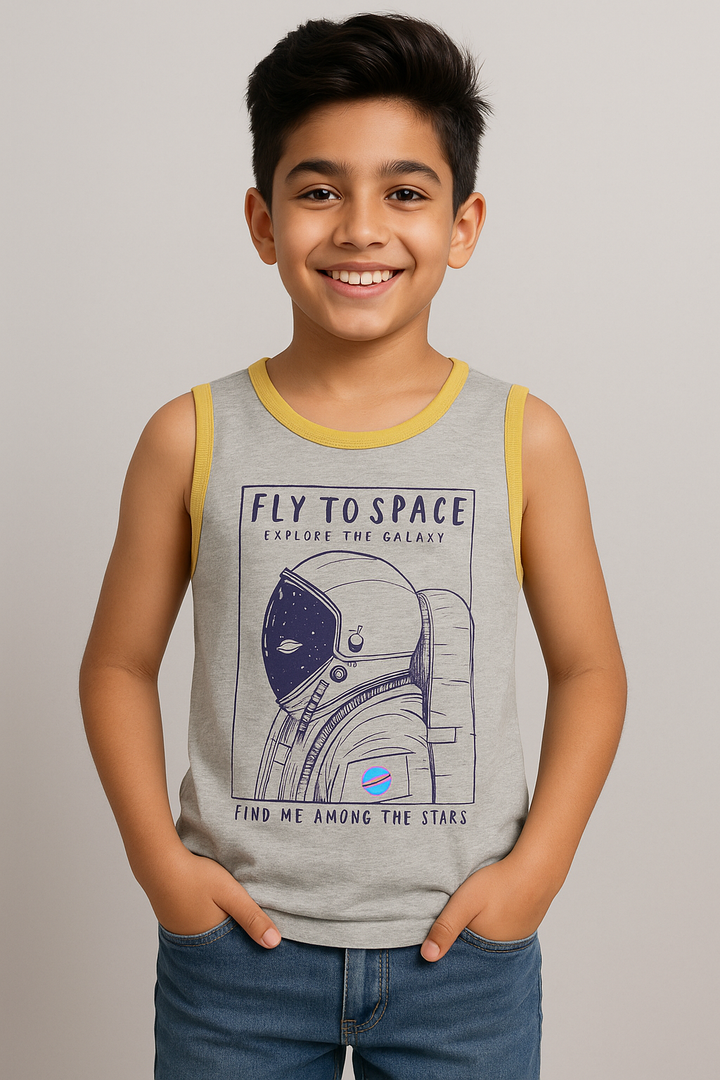 Boy wearing sleeveless tank top with space graphic