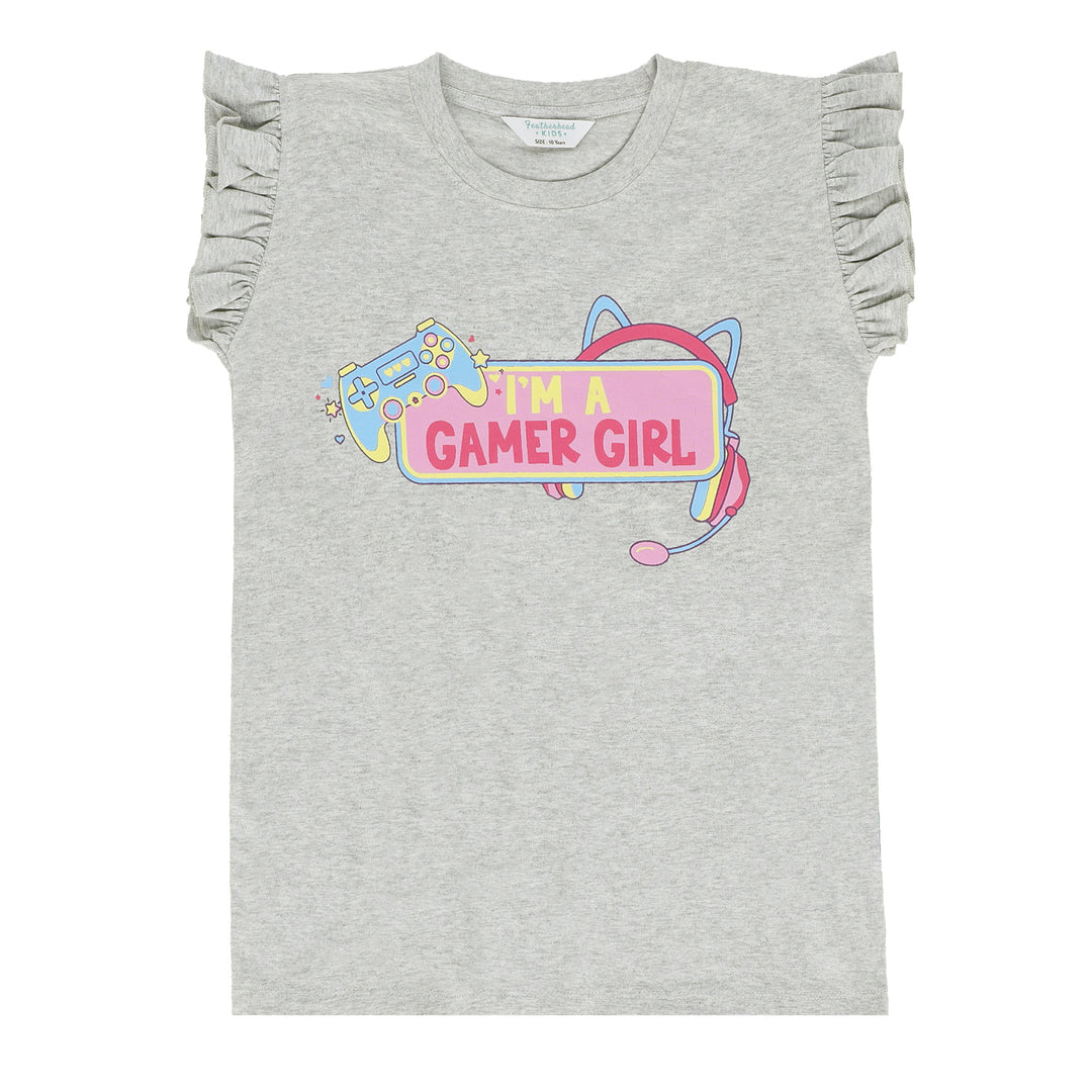 Back view of grey ruffle sleeve tanktop shirt