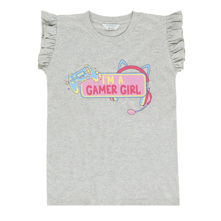 Back view of grey ruffle sleeve tanktop shirt