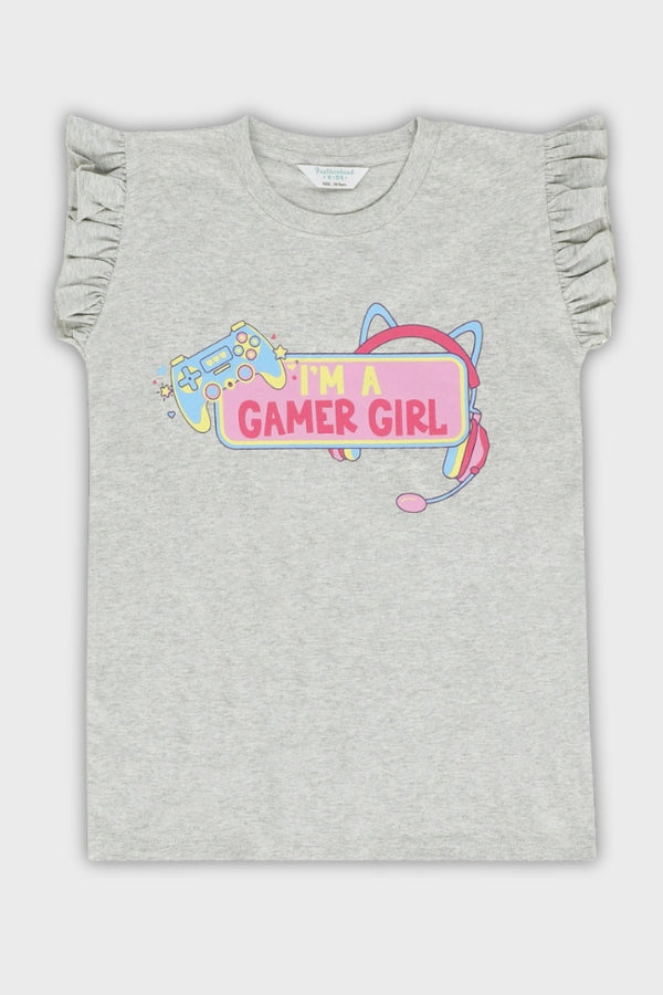 Front view of grey tanktop shirt with ruffle sleeves