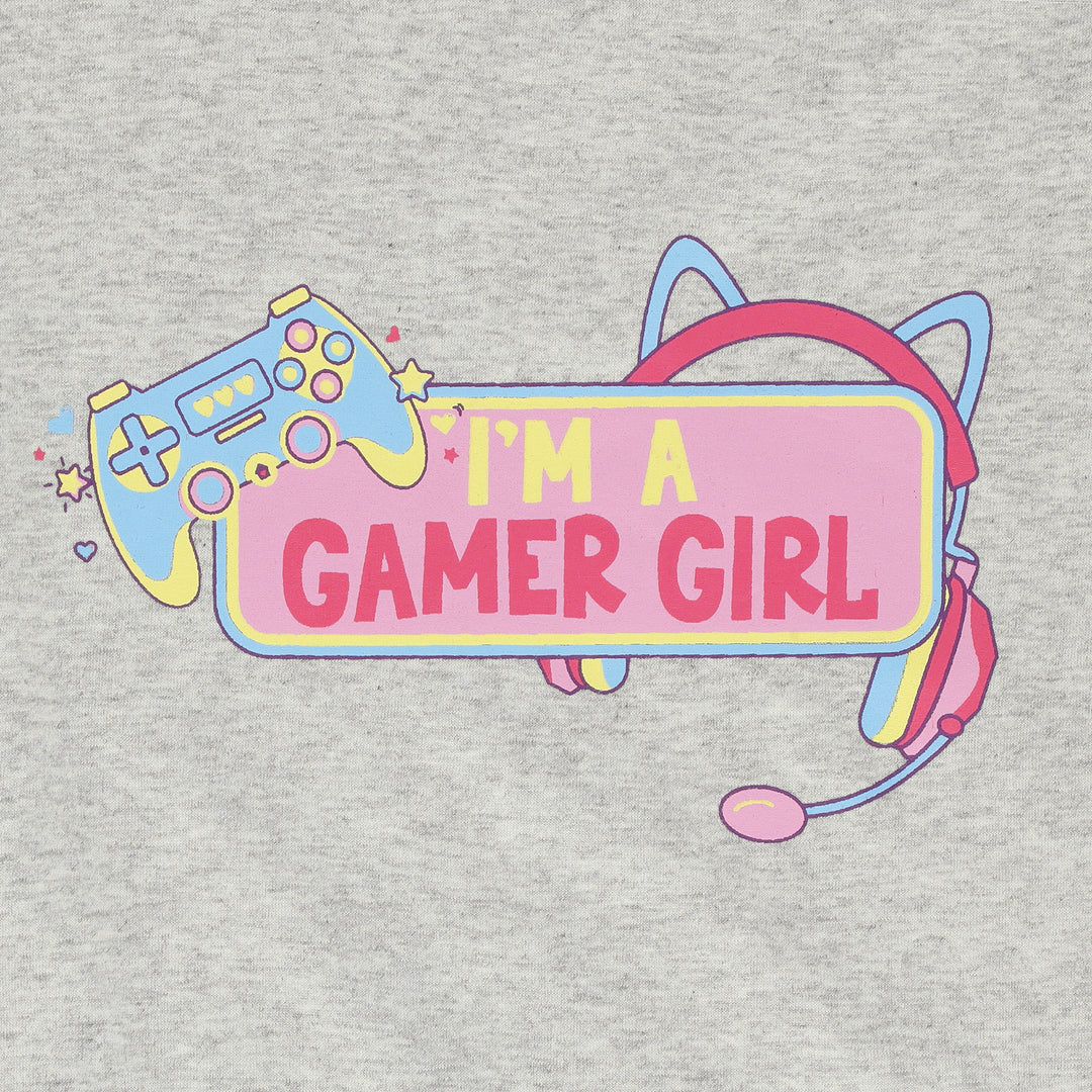 Closeup of “I’m a Gamer Girl” colorful graphic