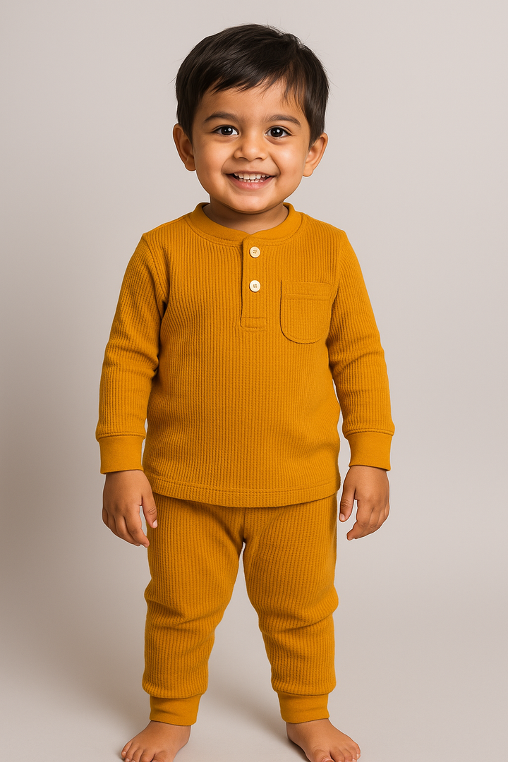 Baby wearing Honey Ginger Top & Bottom Set FN-6507, waffle thermal cotton outfit