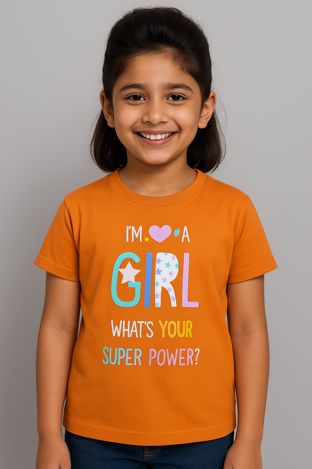 Young girl wearing orange “I’m a Girl” graphic T-shirt