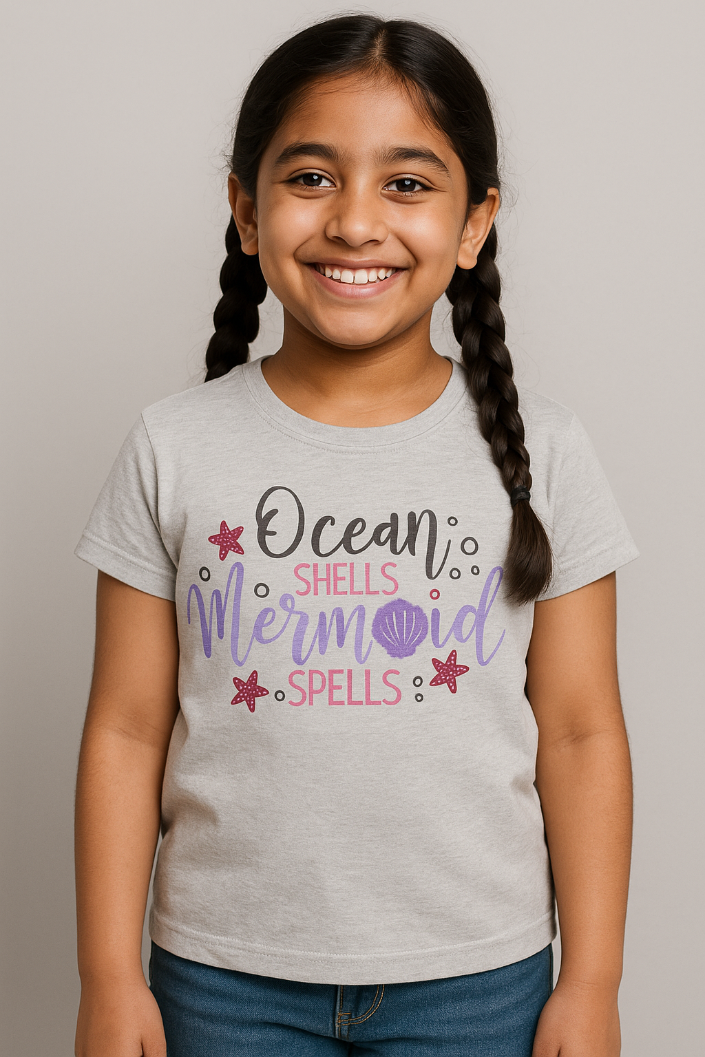 Girl wearing light grey mermaid-themed t-shirt