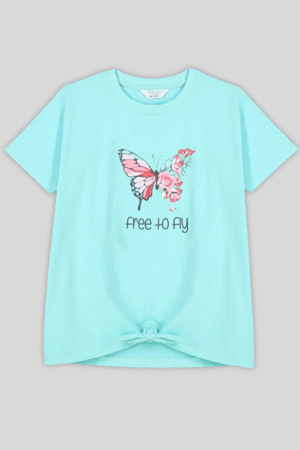 Mint green girls' t-shirt with butterfly graphic