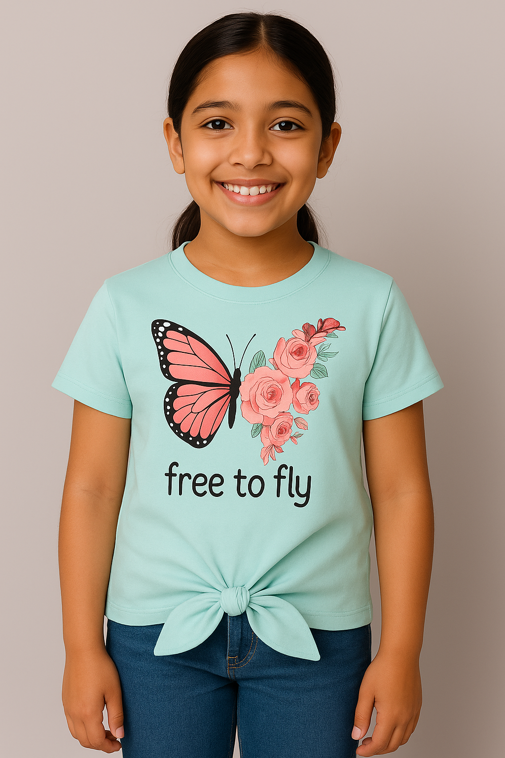 Girl wearing mint butterfly t-shirt with tied front
