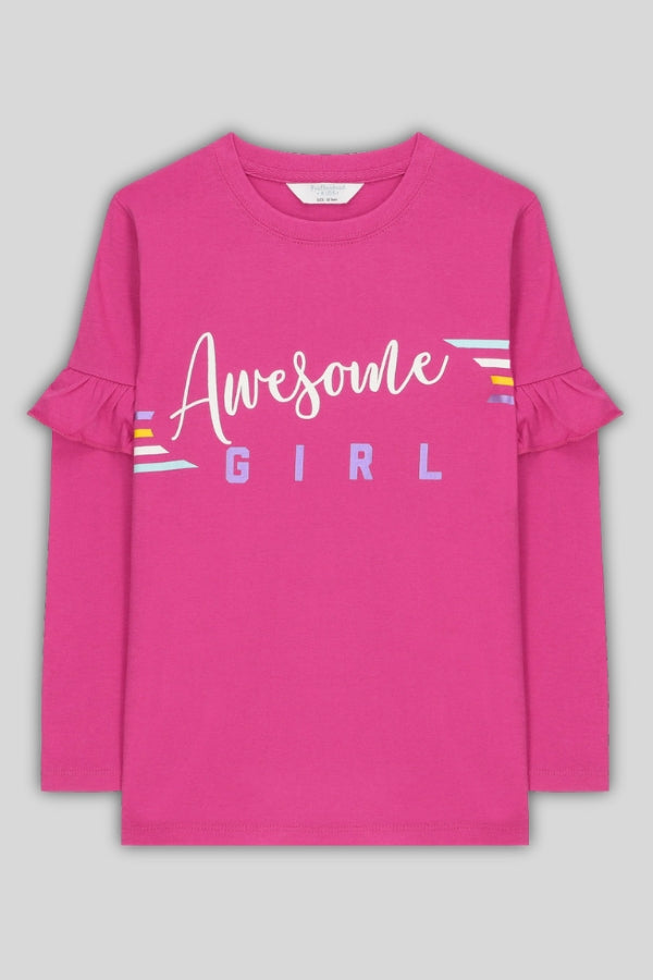 Flat lay of girl's T-shirt in magenta with graphic text
