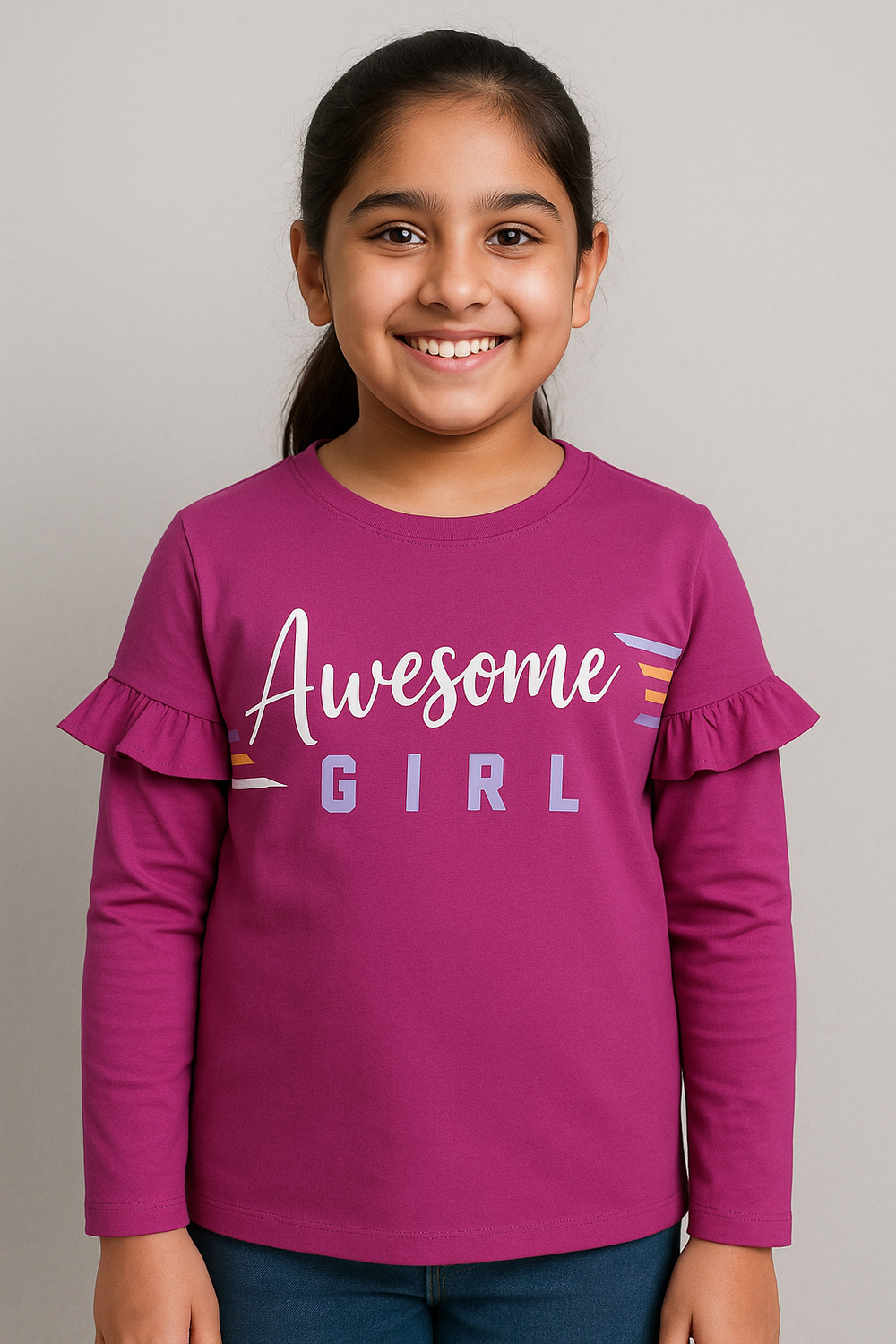 Girl wearing magenta long-sleeve T-shirt with “Awesome Girl” text
