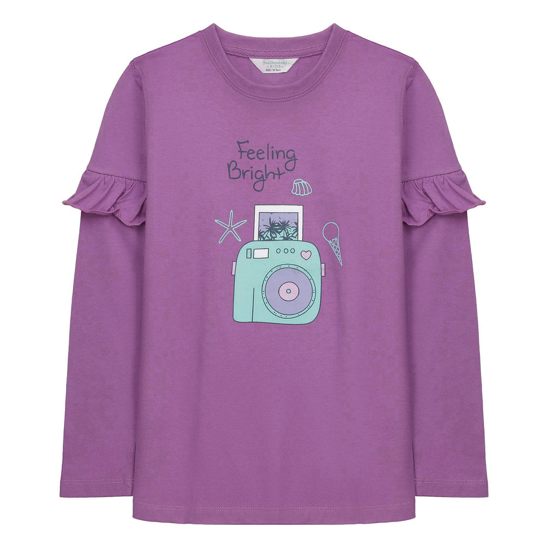 Back view of purple ruffled-sleeve girls T-shirt