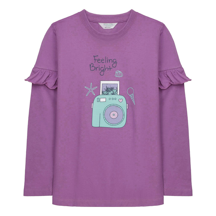 Back view of purple ruffled-sleeve girls T-shirt
