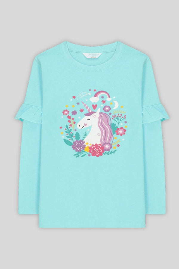 Flat lay of girl's graphic T-shirt with pink unicorn and flowers