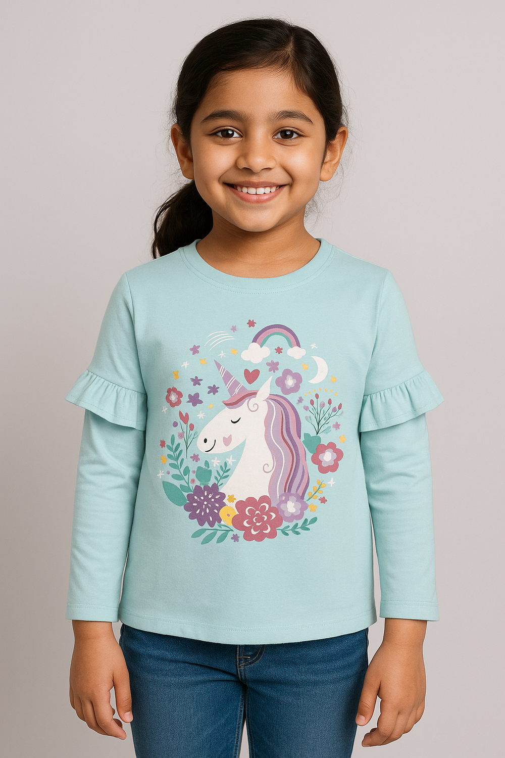 Young girl wearing blue full-sleeve Unicorn graphic tee with ruffles